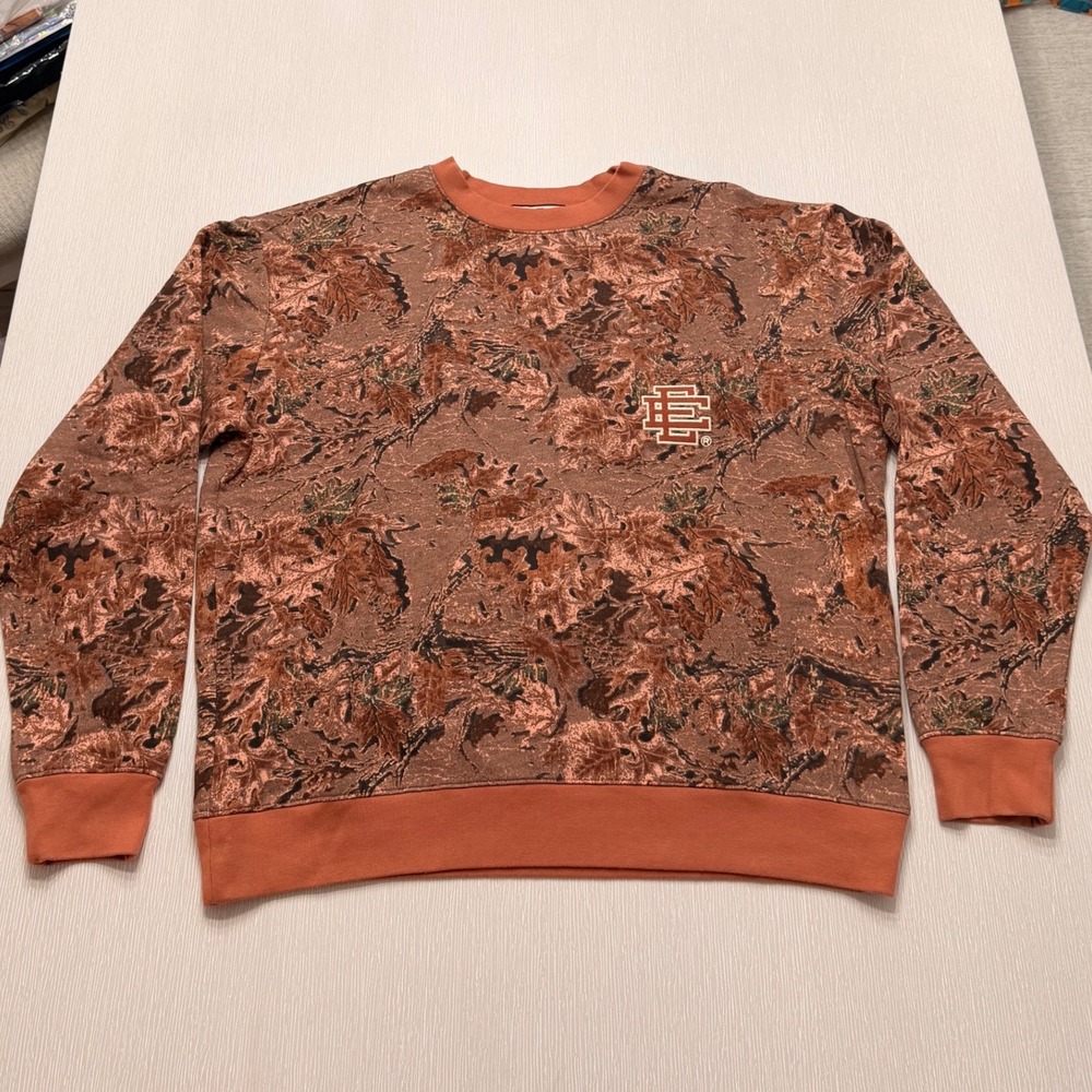 Eric Emanuel Mens Orange Oak Leaf Camo Crewneck Sweatshirt Embroidered Logo XL